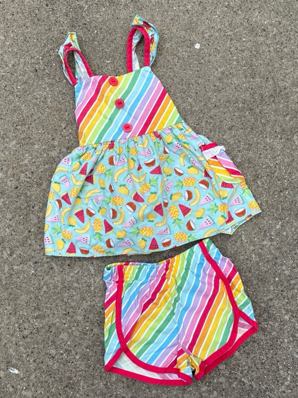 Ricrac & Ruffles colorful striped Fruit print baby girl two piece set